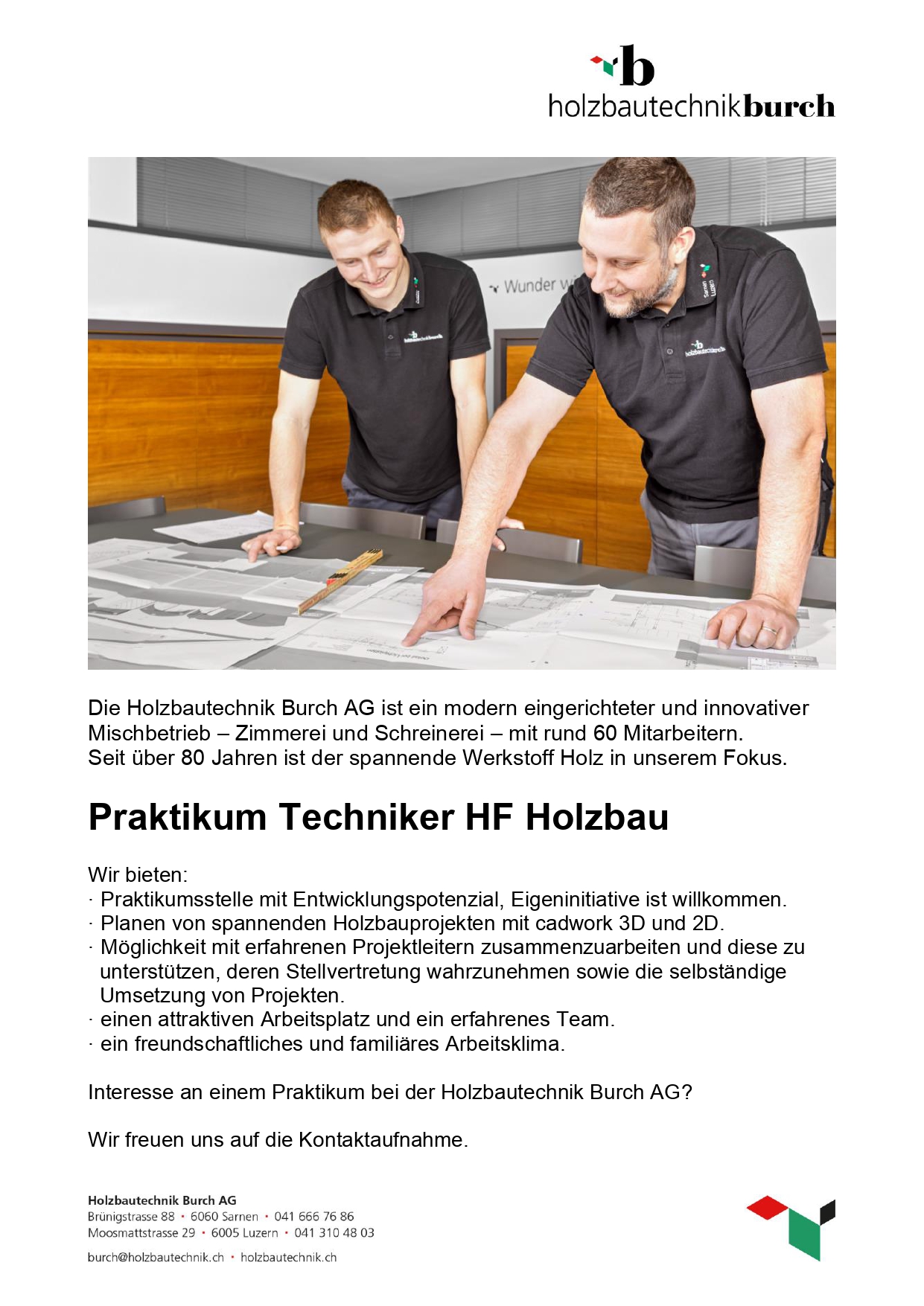 2023 Stelleninserat Homepage Praktikant Techniker Holzbau