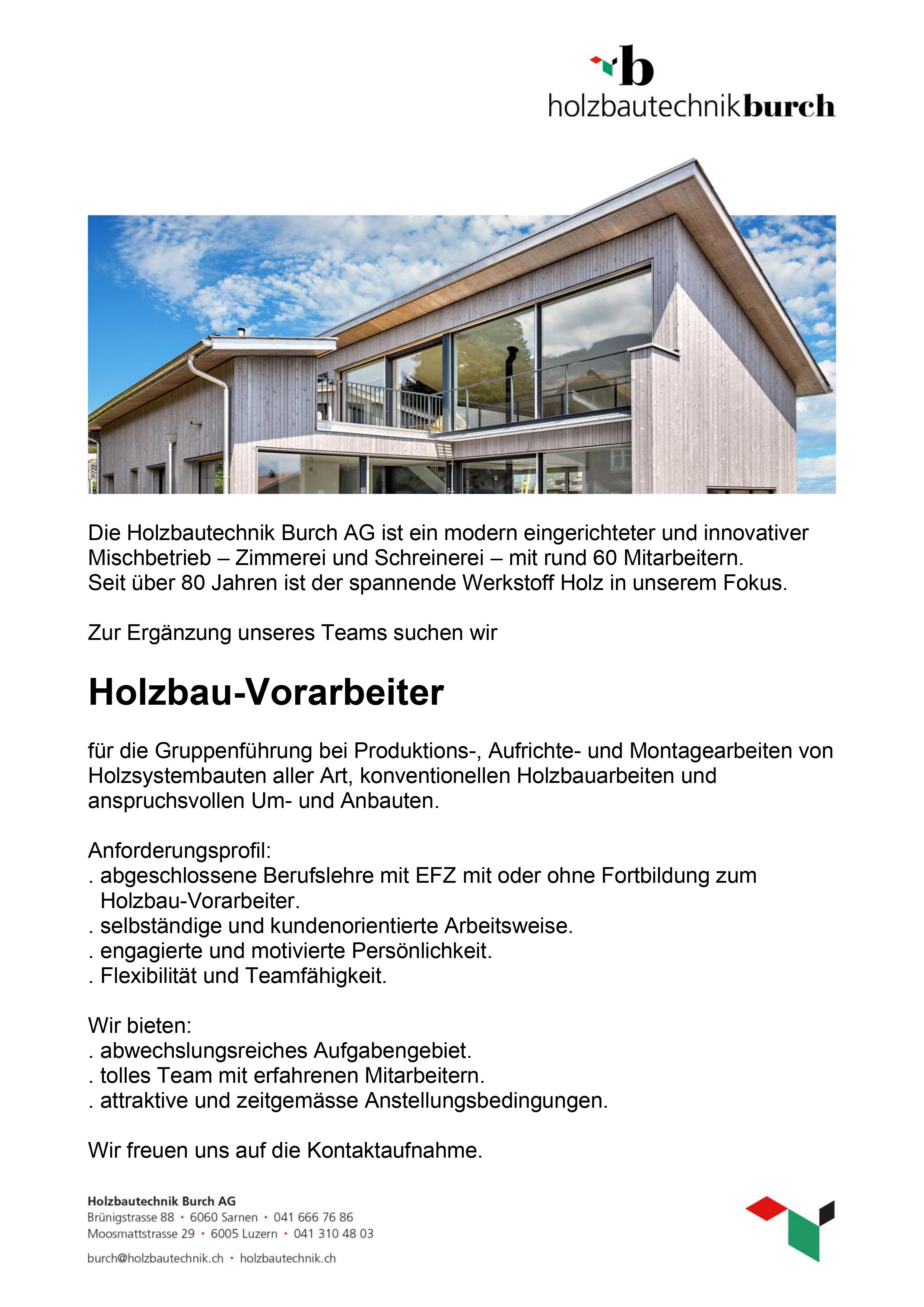 2023 Stelleninserat Homepage Vorarbeiter Holzbau